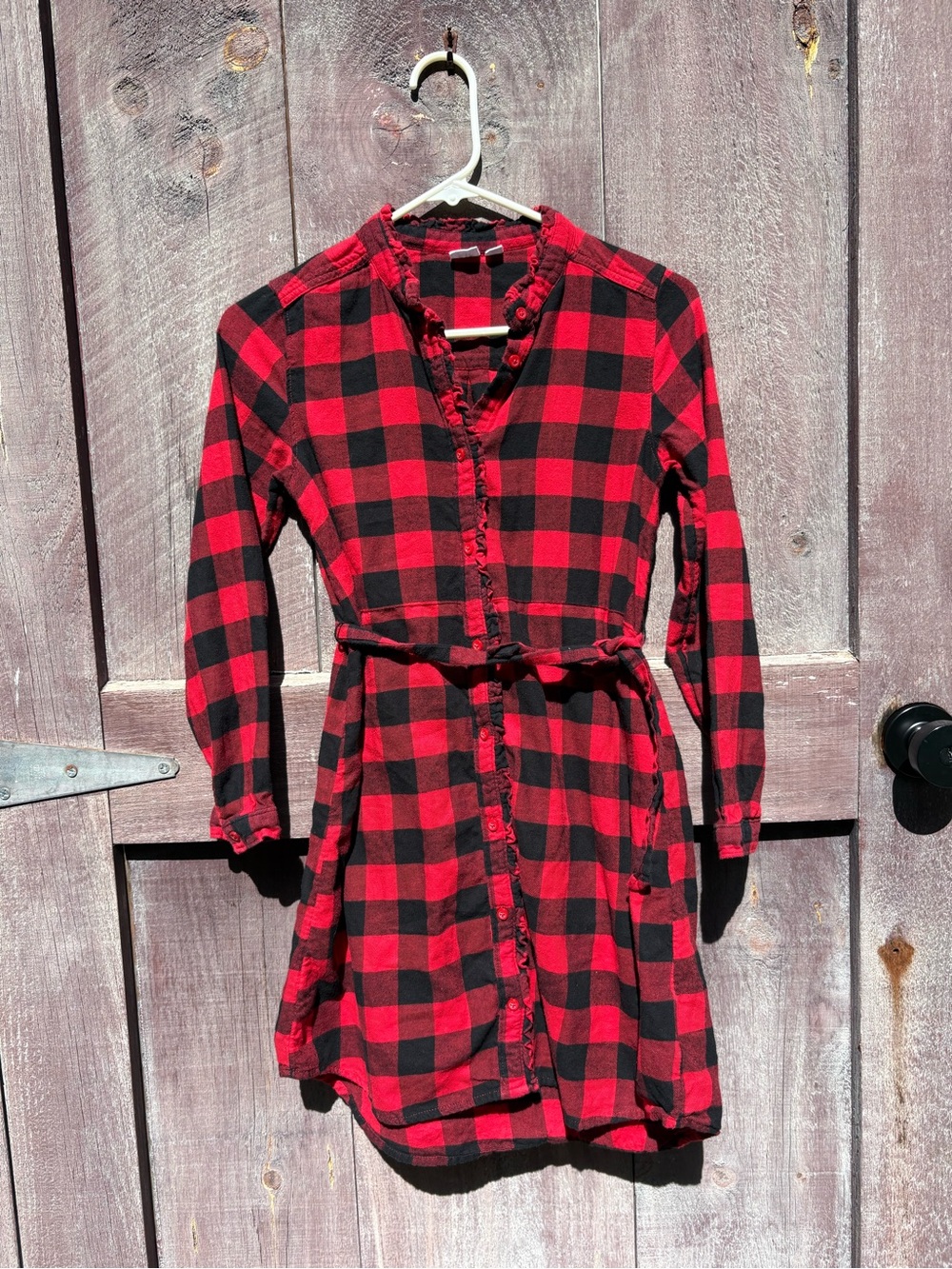 GAP Girls Red and Black Flannel Plaid Shirt Dress with Waist Tie